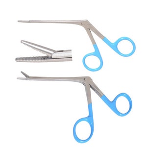 May include: Two pairs of surgical forceps with blue handles. The forceps have a curved jaw and a serrated tip.