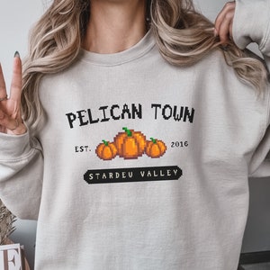 May include: A gray sweatshirt with a black graphic print that says "Pelican Town Est. 2016 Stardew Valley" with a pixelated image of three pumpkins.