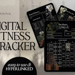 May include: A digital fitness tracker with a black background and white text. The tracker includes a monthly calendar, a weekly workout schedule, and a meal plan. The text on the tracker includes "This Month May", "Exercise Schedule", "Quads & Glutes", "Biceps", "Triceps", "Hams", "Back", "Cardio", "Rest", and "Drink Alot Water".