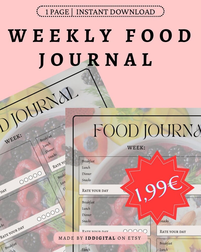 Weekly Food Journal / Printable Weekly Food Journal / Weekly Meal Planner / - Etsy