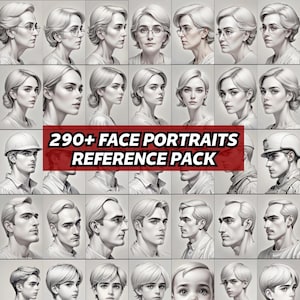 May include: A collection of grayscale face portraits, featuring a variety of people in different styles. The image includes portraits of women and men, some wearing spectacles or hats. A red banner across the centre reads "290+ FACE PORTRAITS REFERENCE PACK."