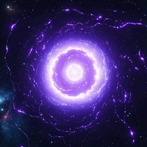 Puede incluir: Ilustración digital de una galaxia púrpura arremolinada con un centro brillante y brillante. La imagen presenta una espiral de energía y luz, rodeada por un fondo oscuro y lleno de estrellas. El efecto general es una escena cósmica y etérea.