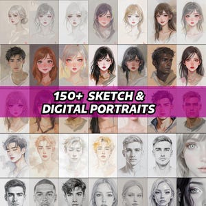 Könnte beinhalten: Ein Raster digitaler Porträts mit verschiedenen Stilen und Motiven. Die Porträts zeigen unterschiedliche Hauttöne, Frisuren und Gesichtsausdrücke. Der Text "150+ SKETCH & DIGITAL PORTRAITS" wird in der Mitte angezeigt. Die Porträts sind in einer Vielzahl von Stilen gehalten, von realistisch bis stilisiert.