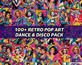 Op de afbeelding: Een verzameling retro pop art illustraties met een dans- en discothema. De afbeeldingen tonen dansende paren, portretten van vrouwen en de tekst "100+ RETRO POP ART DANCE & DISCO PACK". Het kleurenpalet omvat levendige roze, blauwe en gele tinten.