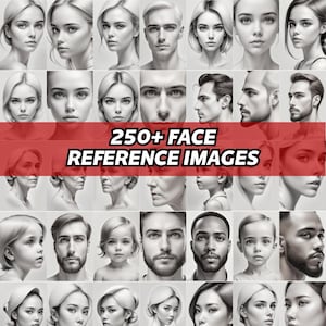 May include: A collection of black and white face reference images. The images feature diverse individuals, including men, women, and children, in various poses and perspectives. The text "250+ FACE REFERENCE IMAGES" is displayed on a red banner across the middle.