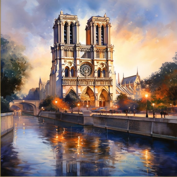 Notre Dame De Paris Watercolor Painting: Seine River Art (digital