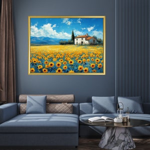 May include: A painting of a white farmhouse in a field of yellow sunflowers. The house has a red tile roof and is surrounded by green trees. The sky is blue with white clouds.