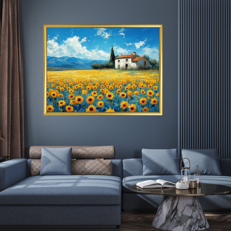May include: A painting of a white farmhouse in a field of yellow sunflowers. The house has a red tile roof and is surrounded by green trees. The sky is blue with white clouds.
