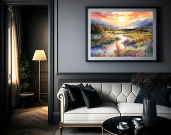 Sunset Mountain river valley watercolor painting wall art design decor gift digital screen wallpaper