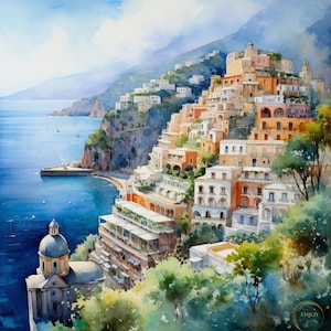 Aquarell Positano Italien Mittelmeer Region der Amalfiküste, Italien Wand Kunst Dekor Landschaft