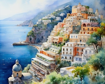 Aquarell Positano Italien Mittelmeer Region der Amalfiküste, Italien Wand Kunst Dekor Landschaft