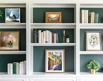 Plano de fundo elegante para estante de livros: decoração de escritório virtual (download digital, 1920x1080 e 3840x2160 pxls)