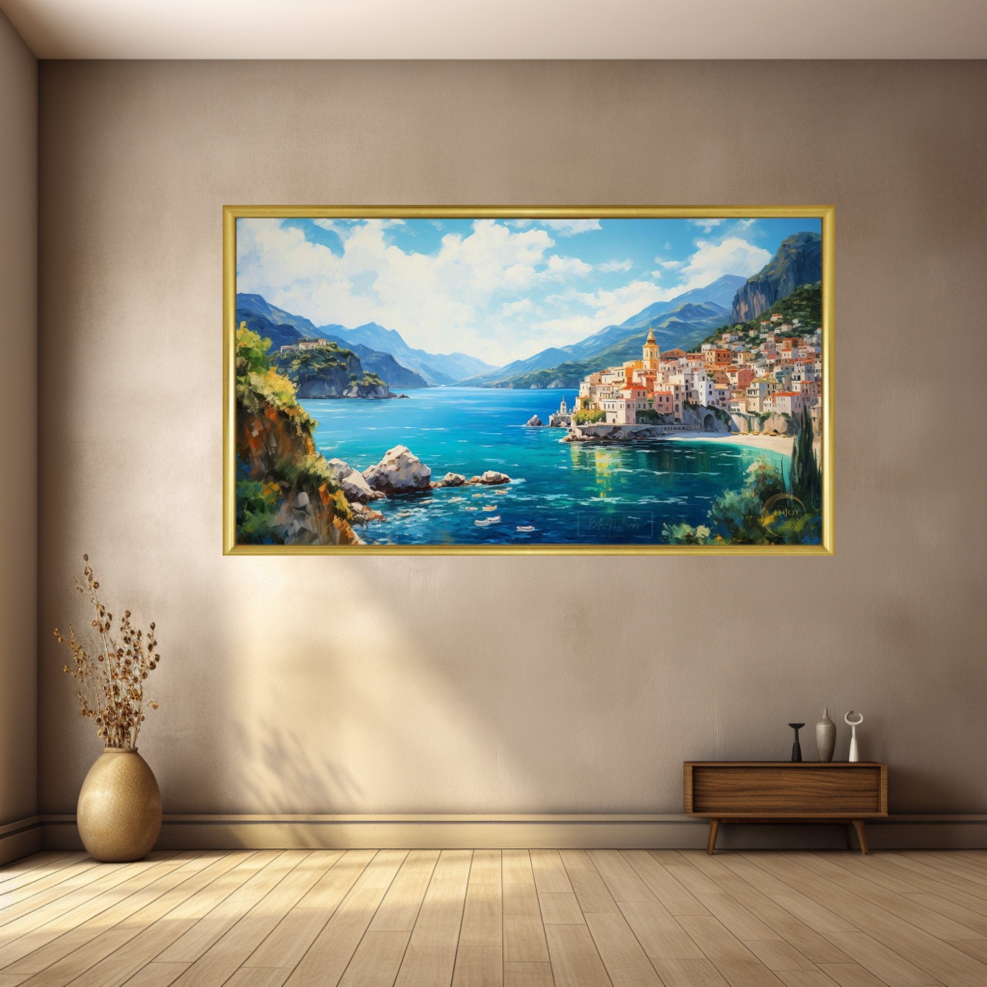 Amalfi Coast Mediterranean Landscape Watercolor Painting Wall Art Decor ...