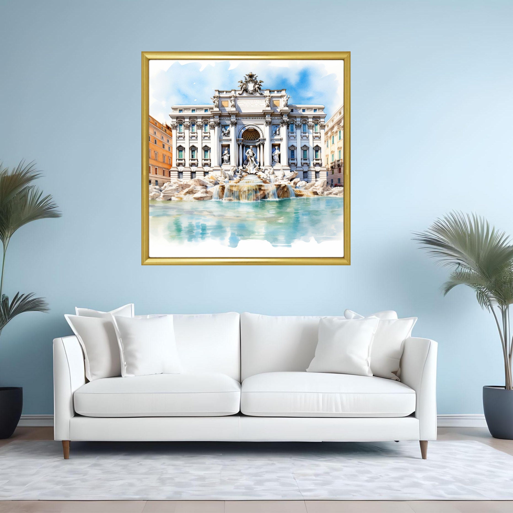 Trevi Fountain in Rome Watercolor Painting Wall Art Decor Design
