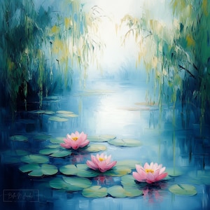 Puede incluir: Una pintura de un estanque sereno con nenúfares en flor. Los nenúfares son rosados y tienen hojas verdes. El estanque está rodeado de árboles y el agua es de color azul claro.