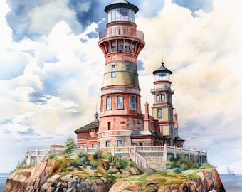 Pintura de acuarela de un faro: Arte de una isla costera (Descarga digital)
