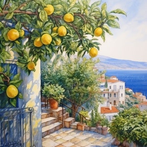 Sicily Lemon Tree Watercolor Print: Mediterranean Wall Art (Digital Download 10000x10000px 400DPI)
