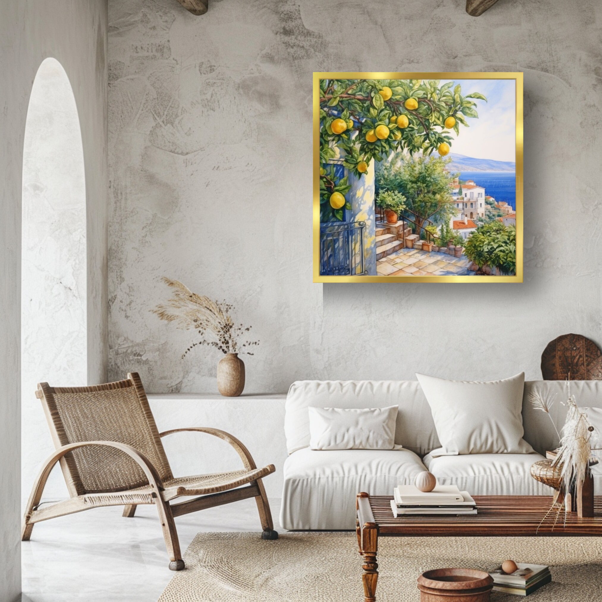 シチリア島のレモンの木の水彩画：地中海風ウォールアート（デジタル