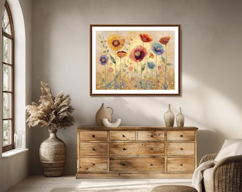 Arte de parede floral colorida para imprimir, pintura de flores silvestres caprichosas, decoração botânica abstrata, flores modernas estilo cottagecore, download digital de luxo.