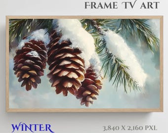 Winter Pinecones Frame TV Art: Snow Dusted Christmas Painting (Digital Download)
