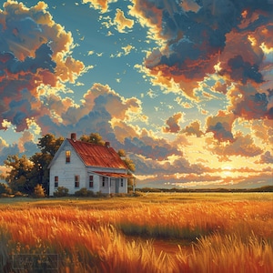 Spettacolare tramonto sulla casa di campagna Natura paesaggio stampa parete arte decorazione schermo digitale carta da parati REGALO