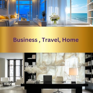 May include: An interior design image featuring a modern living room with a white sofa and yellow pillows, a view of the ocean, and a home office with a black desk. The image includes the text "Business, Travel, Home" in a gold banner.