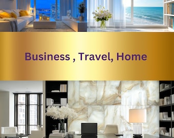 May include: An interior design image featuring a modern living room with a white sofa and yellow pillows, a view of the ocean, and a home office with a black desk. The image includes the text "Business, Travel, Home" in a gold banner.