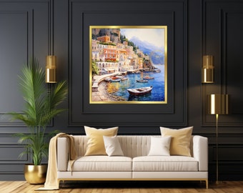 Acuarela de Sorrento, Italia: Paisaje marino de la costa de Amalfi (descarga digital)