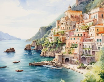 Amalfi Coast Watercolor Landscape Art Print (Digital Download)