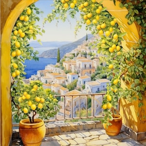 Amalfi Coast Watercolor Print: Lemon Tree, Mediterranean View (Digital Download)