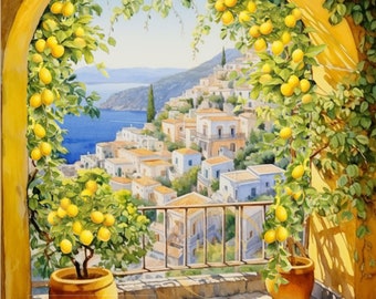 Amalfi Lemon Tree Courtyard Watercolor | Coastal View | Mediterranean Sea Travel Gift | Cute Lemons Poster | Window view | Azure Water GIFT