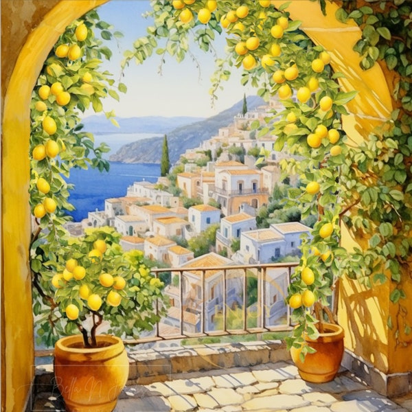 Amalfi Lemon Tree Courtyard Watercolor | Coastal View | Mediterranean Sea Travel Gift | Cute Lemons Poster | Window view | Azure Water GIFT