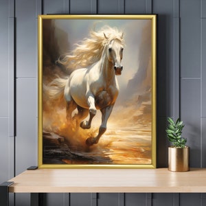 Cavallo bianco selvaggio con lunga criniera al galoppo dipinto arte murale decorazione soggiorno design schermo digitale carta da parati soggiorno arte corridoio REGALO