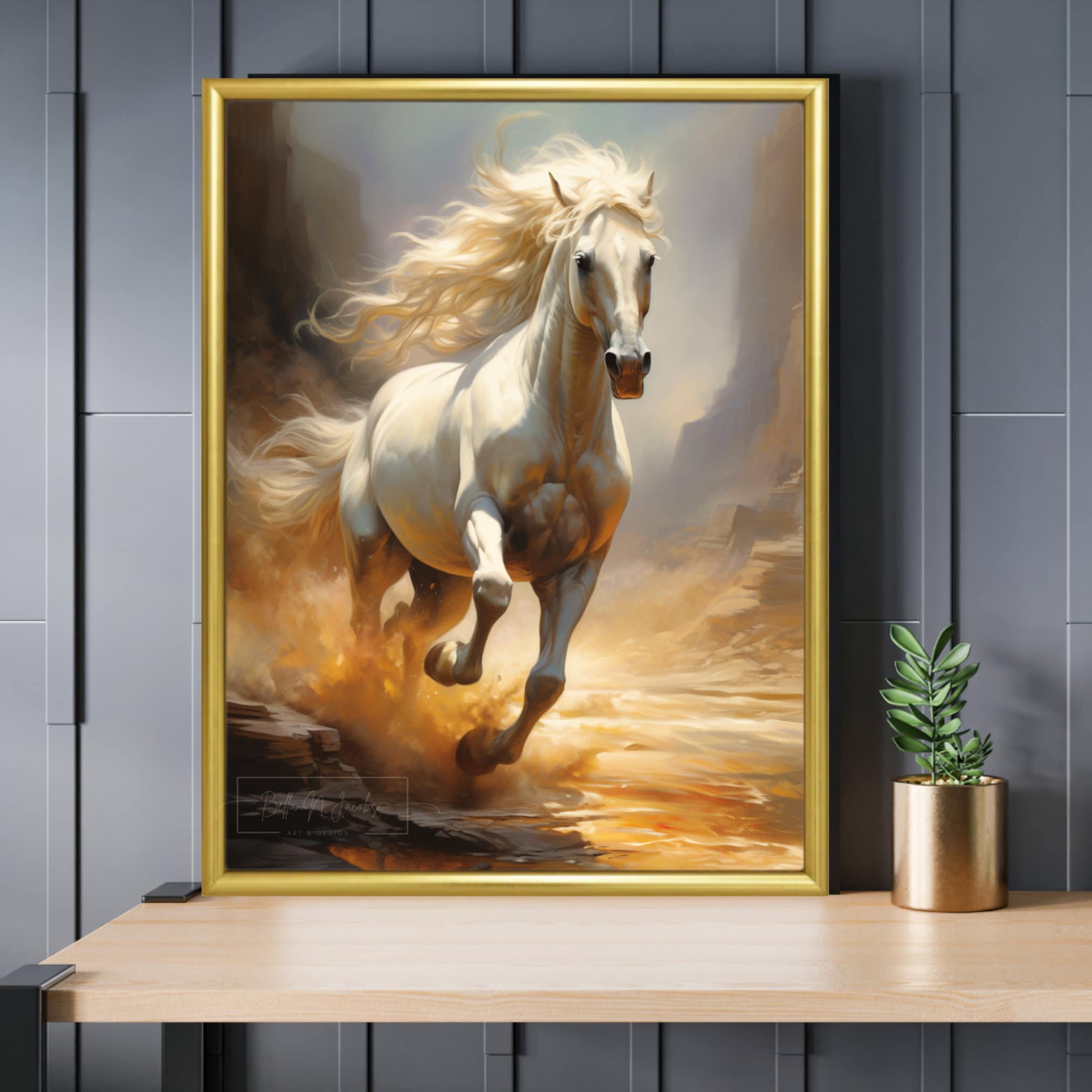 Wild white horse with long mane galloping painting wall art decor living room design digital screen wallpaper living room art hallway GIFT