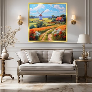 May include: A painting depicting a rural scene with a white windmill, a red-roofed cottage, and a winding dirt path leading through a field of wildflowers.