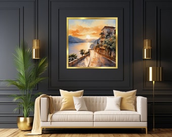 Pintura en acuarela de atardecer sobre la costa de Amalfi, diseño de arte mural imprimible para decoración.