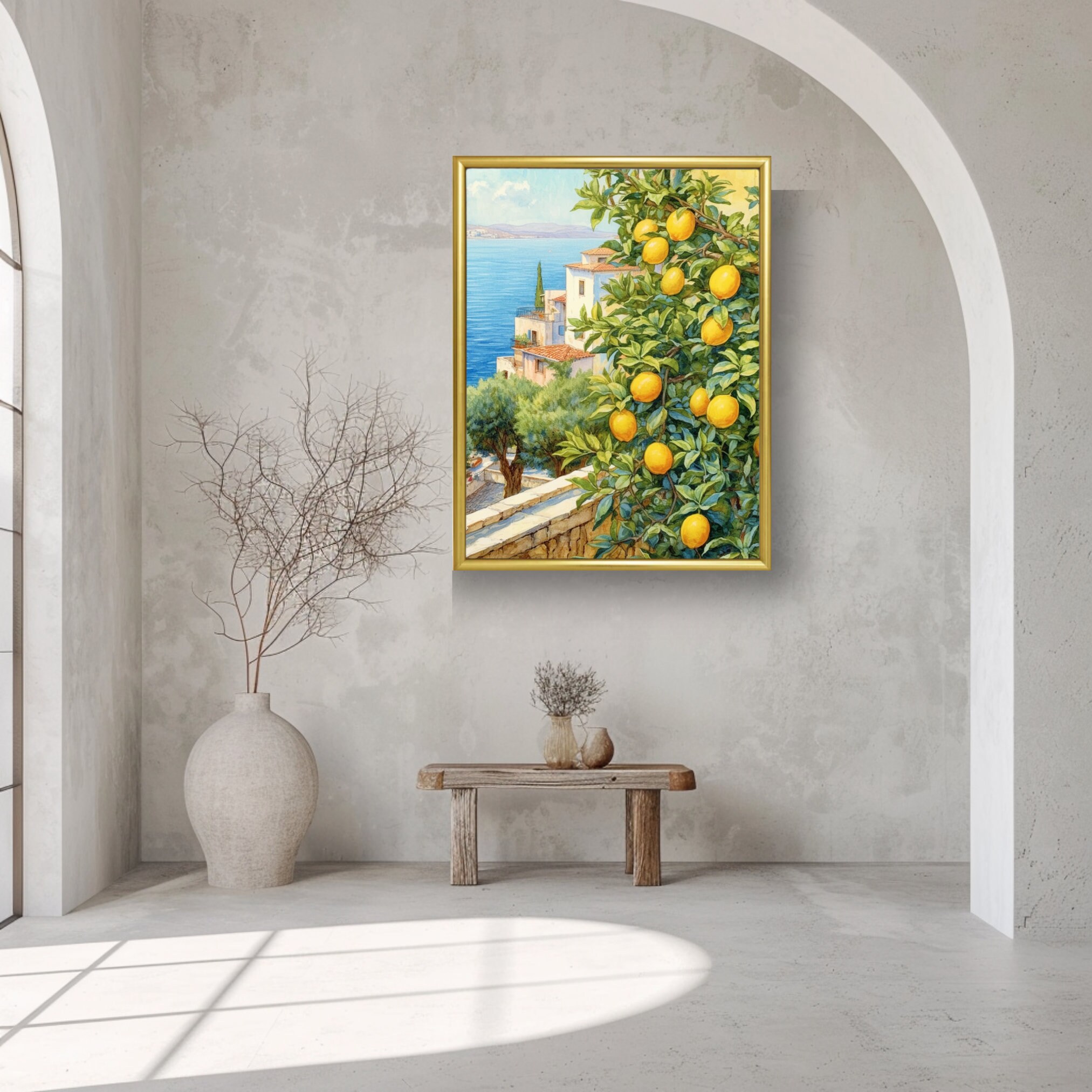 シチリア島のレモンの木の水彩画：地中海の窓辺の風景（デジタル