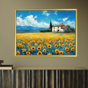 May include: A painting of a white farmhouse with a red tile roof in a field of yellow sunflowers. The house is surrounded by green trees and bushes. The background is a blue sky with white clouds and a mountain range in the distance.