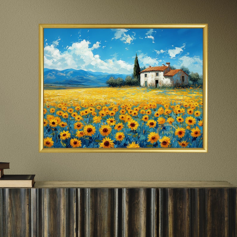 May include: A painting of a white farmhouse with a red tile roof in a field of yellow sunflowers. The house is surrounded by green trees and bushes. The background is a blue sky with white clouds and a mountain range in the distance.