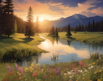 Arte de paisagem de montanha ao nascer do sol: Rio, flores, impressão em tela (download digital)