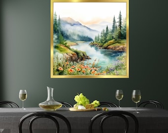 Mountain River Watercolor Painting: Misty Landscape Art (Digital Download)