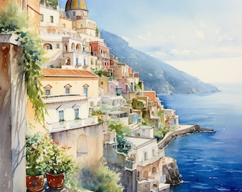 Positano Watercolor Print: Amalfi Coast, Italy (Digital Download)