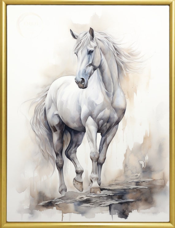 白い馬の水彩画：抽象的な壁アート（デジタルダウンロード） - Etsy 日本