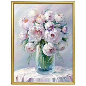 Hermosa pintura de peonías, decoración de estilo vintage, arte de pared floral, ramo de flores, naturaleza muerta, póster de bellas artes, impresión para entrada o dormitorio.