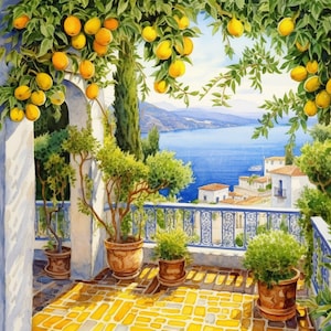 Stampa acquerello albero di limone siciliano / Arte murale siciliana / Regalo di viaggio nel Mar Mediterraneo / Poster di limoni carini / Finestra sulla spiaggia REGALO Acqua azzurra