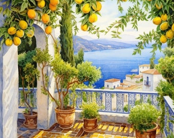 Sicily Lemon Tree Watercolor Print | Sicilian Wall Art | Mediterranean Sea Travel Gift | Cute Lemons Poster | Beach Window Azure Water GIFT