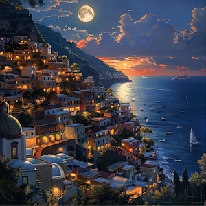 Positano Italia paesaggio parete arte pittura schermo digitale carta da parati soggiorno arte camera da letto pittura arte Costiera Amalfitana arredamento REGALO