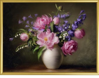 Peony Bouquet Still Life Print: Vintage Floral Painting (Digital PNG)