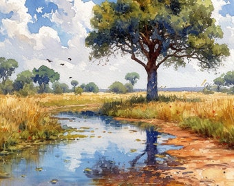Pintura de paisagem em aquarela no vale: Riacho ensolarado (download digital)