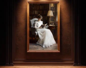 Vintage Woman Reading Painting Antique Library Wall print Victorian Lady Portrait Classic Elegant Home Decor Neutral Aesthetic Printable Art